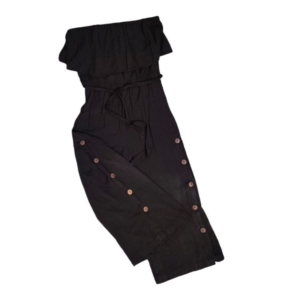 Y2K Black Strapless Button Wide Leg Cropped Rayon Jumpsuit Large